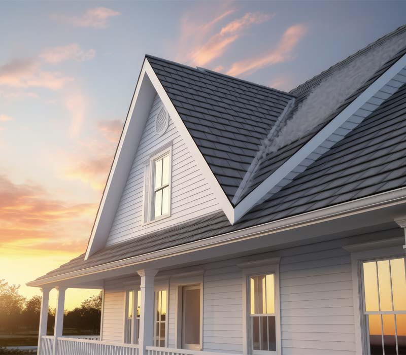 Sunset view of white siding home